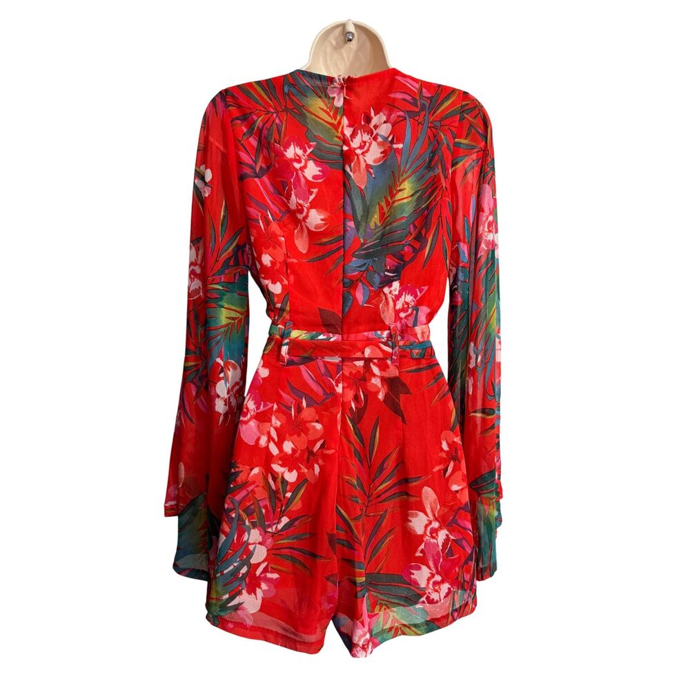 Red Floral Plunging Neckline Romper with Wide Bell Sleeves - Size M - Picture 5 of 11